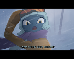 Size: 1280x1024 | Tagged: safe, artist:pashoo, oc, oc only, oc:cold snap, species:anthro, species:pegasus, species:pony, g4, clothing, goggles, letterboxing, looking at you, open mouth, scarf, snow, text