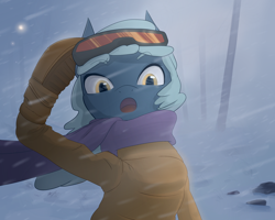 Size: 1280x1024 | Tagged: safe, alternate version, artist:pashoo, oc, oc only, oc:cold snap, species:anthro, species:pegasus, species:pony, g4, clothing, goggles, looking at you, open mouth, scarf, snow
