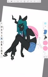 Size: 1280x2048 | Tagged: safe, alternate version, artist:pashoo, character:queen chrysalis, species:anthro, species:changeling, species:unguligrade anthro, g4, autodesk sketchbook, bedroom eyes, booty shorts, clothing, looking at you, simple background, simple coloring, sketch, sports bra, visible user interface, white background