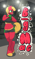 Size: 900x1500 | Tagged: safe, artist:pashoo, character:big mcintosh, species:anthro, species:earth pony, species:pony, species:unguligrade anthro, g4, apple family member, bra, cage fighting, clothing, explicit source, female, macareina, mare, mma, mma gloves, rule 63, spandex, sports bra, text, underwear
