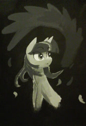 Size: 600x878 | Tagged: safe, artist:pashoo, character:twilight sparkle, character:twilight sparkle (unicorn), species:pony, species:unicorn, g4, feather, floating wings, greyscale, painting, traditional art, wings