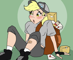 Size: 1288x1056 | Tagged: safe, artist:smirk, character:derpy hooves, species:human, g4, bandage, bandaid, blushing, clothing, digital art, fingerless gloves, gloves, hat, humanized, jeans, mail, mailbag, ms paint, open mouth, package, pants, shirt, shoes, simple background, socks, solo, species swap