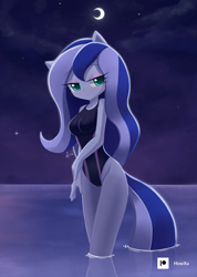 Size: 1000x1407 | Tagged: safe, artist:howxu, character:princess luna, species:anthro, g4, blushing, breasts, busty princess luna, clothing, female, high-cut clothing, looking at you, moon, night, ocean, one-piece swimsuit, solo, swimsuit, water