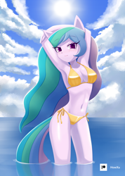 Size: 1000x1407 | Tagged: safe, artist:howxu, character:princess celestia, species:anthro, g4, absolute cleavage, arm behind head, armpits, belly button, bikini, breasts, busty princess celestia, cleavage, clothing, eyelashes, female, looking at you, ocean, sexy, solo, stupid sexy celestia, swimsuit