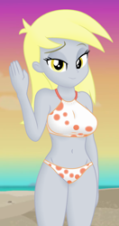 Size: 1160x2190 | Tagged: safe, edit, edited screencap, editor:ah96, screencap, character:derpy hooves, species:eqg human, g4, my little pony:equestria girls, aww... baby turtles, beach, beach babe, belly button, bikini, breast edit, breasts, busty derpy hooves, clothing, cropped, derpy's swimsuit, female, lidded eyes, looking at you, outdoors, shading, smiling, solo, swimsuit, swimsuit edit, waving