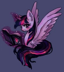 Size: 1040x1184 | Tagged: safe, artist:lilivache5050, character:twilight sparkle, character:twilight sparkle (alicorn), species:alicorn, species:pony, g4, book, bust, ear fluff, female, magic, purple background, simple background, smiling, solo, wings