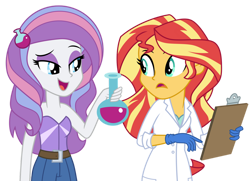Size: 1024x743 | Tagged: safe, artist:emeraldblast63, character:potion nova, character:sunset shimmer, species:eqg human, episode:the science of magic, g4, my little pony: equestria girls, my little pony:equestria girls, my little pony:pony life, alternate design, bare shoulders, clothing, coat, equestria girls-ified, female, g4.5 to equestria girls, lab coat, potion, redesign, simple background, sleeveless, species swap, strapless, transparent background