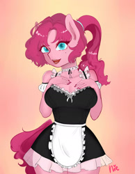 Size: 1280x1646 | Tagged: safe, artist:nieshjj, character:pinkie pie, species:anthro, g4, big breasts, breasts, busty pinkie pie, choker, clothing, cute, female, french maid, high res, jewelry, looking at you, maid, makeup, mole, nail polish, necklace, signature, simple background, smiling, solo, tail, thighs