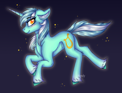 Size: 1456x1104 | Tagged: safe, artist:vendy05, character:lyra heartstrings, species:pony, species:unicorn, g4, abstract background, blushing, eyebrows, eyebrows visible through hair, female, mare, profile, signature, smiling, solo, unshorn fetlocks
