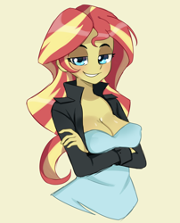 Size: 1972x2440 | Tagged: safe, artist:fennechy, character:sunset shimmer, species:eqg human, g4, my little pony:equestria girls, abstract background, bedroom eyes, blue eyes, blushing, breasts, busty sunset shimmer, cleavage, crossed arms, female, grin, looking at you, simple background, sketch, smiling, smug, smugset shimmer, solo, stupid sexy sunset shimmer