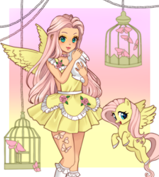 Size: 790x880 | Tagged: safe, artist:meloncandies, character:fluttershy, species:human, species:pegasus, species:pony, species:rabbit, g4, alternative cutie mark placement, animal, backless, bird cage, butterfly, choker, chokershy, clothing, colored hooves, colored pupils, cute, cutie mark, dress, female, hooves, human ponidox, humanized, jewelry, looking at you, mare, necklace, ponidox, self paradox, self ponidox, shyabetes, socks, species swap, winged humanization, wings