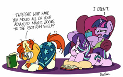 Size: 1024x649 | Tagged: safe, artist:bobthedalek, character:starlight glimmer, character:sunburst, character:twilight sparkle, character:twilight sparkle (alicorn), species:alicorn, species:pony, species:unicorn, ship:starburst, g4, absurd resolution, book, butt, chair, enjoying the view, eyes on the prize, face down ass up, female, glowing horn, magic, male, mare, pervert, pillow, plot, reading, shipping, signature, simple background, smiling, stallion, straight, telekinesis, trio, twilight is not amused, unamused, unaware, voyeurism, white background