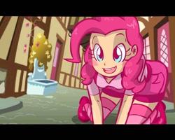 Size: 1280x1024 | Tagged: safe, artist:kreoss, character:pinkie pie, species:human, g4, clothing, female, humanized, kneeling, open mouth, screencap background, smiling, solo, species swap