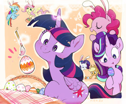 Size: 1280x1057 | Tagged: safe, artist:nendo, character:applejack, character:fluttershy, character:pinkie pie, character:rainbow dash, character:rarity, character:starlight glimmer, character:twilight sparkle, character:twilight sparkle (alicorn), species:alicorn, species:earth pony, species:pegasus, species:pony, species:unicorn, g4, basket, blushing, bunny ears, cute, cutie mark, easter egg, eyes closed, flying, glowing horn, horn, lying down, magic, mane six, open mouth, painting, profile, singing, standing, telekinesis, three quarter view, tongue out