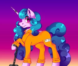 Size: 1080x915 | Tagged: safe, artist:tessa_key_, character:izzy moonbow, species:pony, species:unicorn, g5, bondage, chained, chains, clothing, gradient hair, horn, horn jewelry, horn ring, jewelry, magic suppression, prison outfit, prisoner, ring, shackles, shading