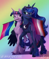 Size: 1000x1200 | Tagged: safe, artist:amarynceus, manebooru spotlight, character:princess luna, character:twilight sparkle, character:twilight sparkle (alicorn), species:alicorn, species:pony, ship:twiluna, g4, abstract background, bisexual, bisexual pride flag, blushing, cloven hooves, female, freckles, hooves, lesbian, lesbian pride flag, shipping, unshorn fetlocks