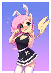 Size: 1500x2128 | Tagged: safe, artist:mrscroup, character:fluttershy, species:anthro, species:pegasus, species:pony, g4, abstract background, adorasexy, blushing, bunny ears, choker, clothing, cute, dress, ear fluff, female, floating wings, jewelry, looking at you, maid, necklace, sexy, shyabetes, solo, wings