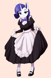 Size: 1500x2287 | Tagged: safe, artist:mrscroup, character:rarity, species:anthro, species:plantigrade anthro, species:pony, species:unicorn, g4, breasts, cleavage, clothing, dress lift, ear fluff, looking at you, maid, nail polish, shoes, simple background, solo, stockings, thigh highs