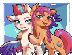Size: 2048x1567 | Tagged: safe, artist:raendrs, character:sunny starscout, character:zipp storm, species:earth pony, species:pegasus, species:pony, ship:zippscout, g5, abstract background, blushing, braid, chest fluff, coat markings, colored hooves, colored wings, cute, cutie mark, duo, ear fluff, female, floppy ears, hooves, leg fluff, lesbian, looking at you, mare, multicolored wings, one ear down, open mouth, raised hoof, shipping, socks (coat marking), spread wings, unshorn fetlocks, wings