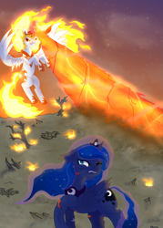 Size: 1483x2075 | Tagged: safe, artist:moonlightrift, character:daybreaker, character:princess celestia, character:princess luna, species:alicorn, species:pony, g4, blood, fire, magic