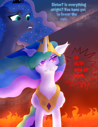 Size: 1620x2093 | Tagged: safe, artist:moonlightrift, character:princess celestia, character:princess luna, species:alicorn, species:pony, g4, angry, fire, text
