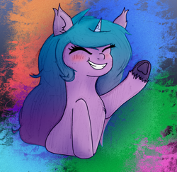 Size: 1345x1305 | Tagged: safe, artist:moonlightrift, character:izzy moonbow, species:pony, species:unicorn, g5, abstract background, blushing, chest fluff, ear fluff, eyes closed, female, gradient hair, mare, raised hoof, smiling, solo, unshorn fetlocks, waving