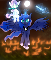 Size: 1589x1872 | Tagged: safe, artist:moonlightrift, character:princess luna, character:sweetie belle, species:alicorn, species:pony, species:unicorn, g4, fire, holding, levitation, magic, mouth hold, sword, weapon