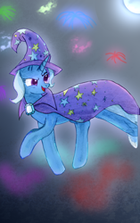 Size: 1366x2169 | Tagged: safe, artist:moonlightrift, character:trixie, species:pony, species:unicorn, g4, cape, clothing, fireworks, glow, hat, moon, smoke, solo, trixie's cape, trixie's hat, wizard hat