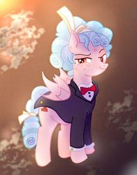 Size: 935x1192 | Tagged: safe, artist:moonlightrift, character:cozy glow, species:pegasus, species:pony, g4, bow tie, clothing, cloud, solo, suit, sun, tuxedo