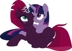 Size: 500x350 | Tagged: safe, artist:temp, character:tempest shadow, character:twilight sparkle, character:twilight sparkle (alicorn), species:alicorn, species:pony, species:unicorn, ship:tempestlight, g4, broken horn, cuddling, horn, shipping