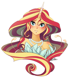 Size: 1280x1331 | Tagged: safe, artist:happypaca, character:sunset shimmer, species:human, g4, my little pony:equestria girls, bare shoulders, beautiful, blushing, breasts, bust, cleavage, cute, ear piercing, earring, female, horn, horned humanization, humanized, jewelry, looking at you, necklace, pearl necklace, piercing, shimmerbetes, simple background, solo, species swap, transparent background