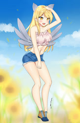 Size: 800x1231 | Tagged: safe, artist:athan-arion, character:derpy hooves, species:human, g4, anime style, bare shoulders, belly button, clothing, cute, denim shorts, derpabetes, eared humanization, female, flower, humanized, midriff, shorts, species swap, tube top, winged humanization, wings