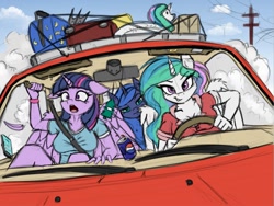 Size: 1189x892 | Tagged: safe, artist:pony-way, character:princess celestia, character:princess luna, character:twilight sparkle, character:twilight sparkle (alicorn), species:alicorn, species:anthro, species:pony, g4, air freshener, car, coke, drink, driving, eurobeat, female, floppy ears, inflatable, inner tube, luggage, meme, open mouth, pepsi, scared, seatbelt, sketch, soda, swan, swanlestia, this will end in property damage, vacation