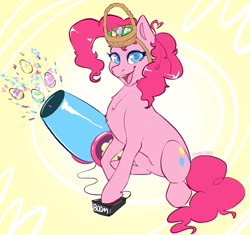 Size: 1200x1128 | Tagged: safe, artist:mouseholo, manebooru spotlight, character:pinkie pie, species:earth pony, species:pony, g4, button, cannon, chest fluff, confetti, easter, easter basket, easter egg, holiday, party cannon, solo, weapon