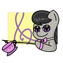 Size: 2100x2100 | Tagged: safe, artist:melodysketch, character:octavia melody, species:earth pony, species:pony, g4, bedroom eyes, bow tie, cello bow, cup, cutie mark, cutie mark background, simple background, simple shading, solo, teacup, transparent background