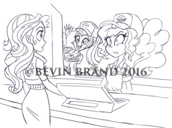 Size: 1280x950 | Tagged: safe, artist:bevin brand, character:adagio dazzle, character:sonata dusk, character:sunset shimmer, species:eqg human, g4, my little pony:equestria girls, awkward, fast food, monochrome, obtrusive watermark, official fan art, surprised, watermark