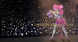Size: 1280x695 | Tagged: safe, artist:bevin brand, character:kiwi lollipop, character:supernova zap, species:eqg human, ship:kiwinova, g4, my little pony:equestria girls, commission, crowd, kissing, obtrusive watermark, official fan art, shipping, stage, watermark