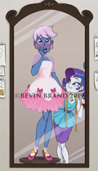 Size: 1040x1800 | Tagged: safe, artist:bevin brand, character:rarity, oc, oc:azure/sapphire, species:eqg human, g4, my little pony:equestria girls, blushing, commission, crossdressing, mirror, obtrusive watermark, official fan art, watermark