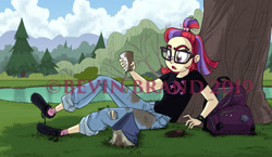 Size: 1280x740 | Tagged: safe, artist:bevin brand, character:moondancer, species:eqg human, g4, my little pony:equestria girls, backpack, book, coffee, commission, drink, equestria girls-ified, forest, lake, obtrusive watermark, official fan art, species swap, spilled drink, tree, watermark
