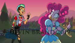 Size: 1280x740 | Tagged: safe, artist:bevin brand, character:pinkie pie, oc, oc:copper plume, species:eqg human, g4, my little pony:equestria girls, churros, commission, eating, messy, messy eating, obtrusive watermark, official fan art, surprised, watermark