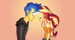Size: 1280x698 | Tagged: safe, artist:bevin brand, character:flash sentry, character:sunset shimmer, species:eqg human, g4, my little pony:equestria girls, forehead kiss, friendship, glow, not shipping, official fan art