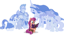 Size: 8068x4439 | Tagged: safe, artist:le-23, character:applejack, character:fluttershy, character:pinkie pie, character:rainbow dash, character:rarity, character:spike, character:sunny starscout, character:twilight sparkle, character:twilight sparkle (alicorn), species:alicorn, species:dragon, species:earth pony, species:pegasus, species:pony, species:unicorn, g4, g5, book, book of harmony, braid, friendship journal, generation leap, ghost, mane six, older, older applejack, older fluttershy, older pinkie pie, older rainbow dash, older rarity, older spike, older twilight, reading, simple background, sitting, transparent background