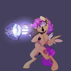 Size: 1002x1002 | Tagged: safe, artist:wacky-skiff, character:scootaloo, species:pegasus, species:pony, g4, 3d, bipedal, colored wings, crossover, energy weapon, eye clipping through hair, eyebrows, eyebrows visible through hair, female, gmod, half-life, hoof hold, leg fluff, looking at you, multicolored wings, open mouth, physics gun, simple background, solo, standing, two toned wings, weapon, wings