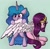 Size: 1200x1176 | Tagged: safe, artist:llametsul, character:izzy moonbow, character:pipp petals, species:pegasus, species:pony, species:unicorn, g5, bipedal, circlet, eating, eye clipping through hair, floppy ears, gradient hair, nom, pipp wings, spread wings, wings