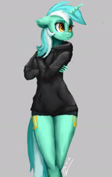 Size: 1280x2026 | Tagged: safe, artist:raphaeldavid, character:lyra heartstrings, species:anthro, species:pony, species:unicorn, g4, both cutie marks, clothing, crossed arms, cutie mark, dig the swell hoodie, female, gray background, high res, hoodie, simple background, solo