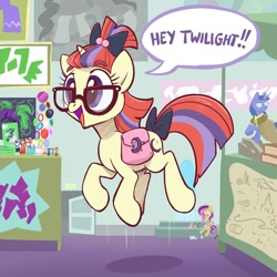 Size: 1200x1200 | Tagged: safe, artist:pfeffaroo, character:moondancer, character:nightmare moon, character:princess luna, species:pony, species:unicorn, g4, cute, dialogue, excited, glasses, jumping, moonabetes, saddle bag, speech bubble