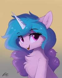 Size: 960x1200 | Tagged: safe, artist:lunar froxy, character:izzy moonbow, species:pony, species:unicorn, g5, bust, chest fluff, cute, ear fluff, gradient hair, izzybetes, solo