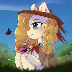 Size: 1200x1200 | Tagged: safe, artist:auroracursed, character:pear butter, species:earth pony, species:pony, g4, braid, bust, clothing, cute, flower, hat, solo