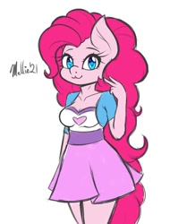 Size: 800x1050 | Tagged: safe, artist:melliebun, character:pinkie pie, species:anthro, species:earth pony, species:pony, g4, breasts, busty pinkie pie, clothing, equestria girls outfit, eyebrows, eyelashes, female, jacket, mare, shirt, skirt, smiling, solo