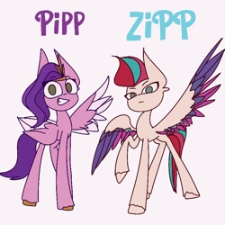 Size: 768x768 | Tagged: safe, artist:cloudy_ria, character:pipp petals, character:zipp storm, species:pegasus, species:pony, g5, colored wingtips, multicolored wings, text, unshorn fetlocks, wing wave, wings